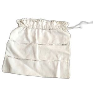 20s 30s Vintage Linen Drawstring Bag 8x8, Openwork & Crochet Edge